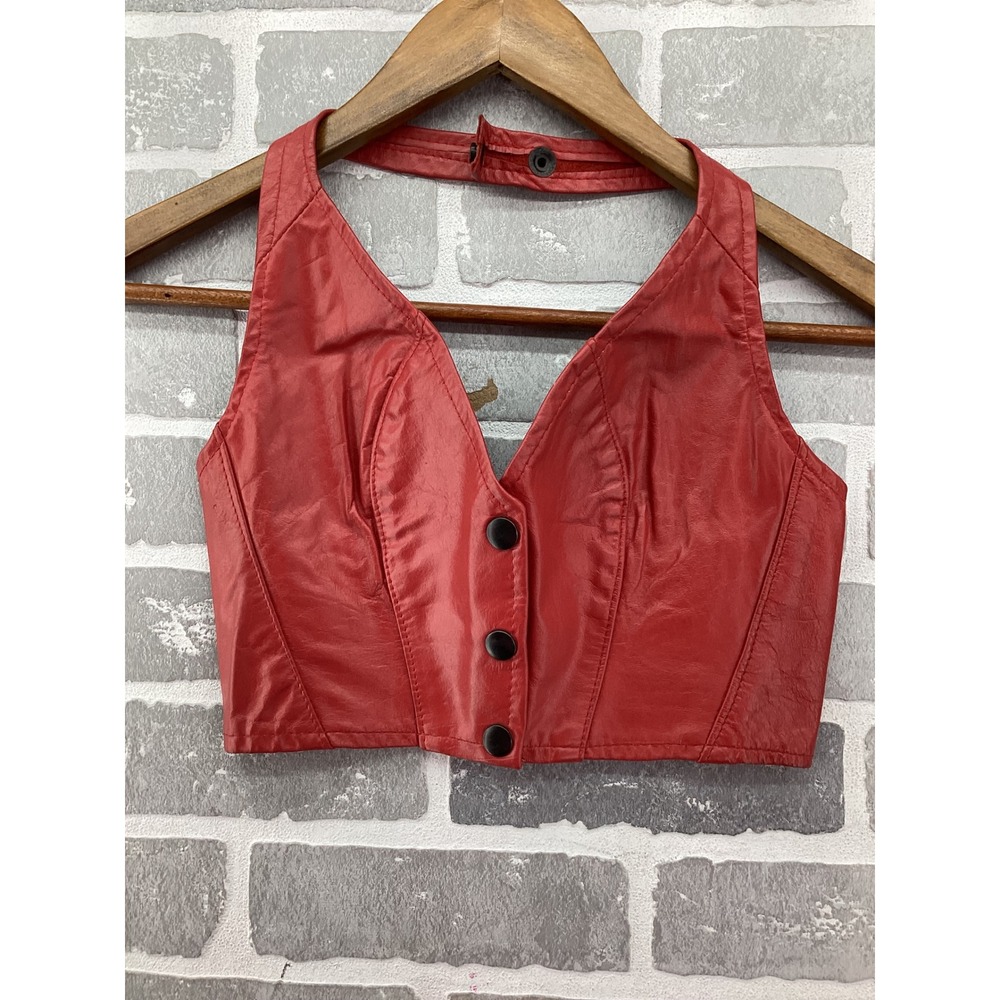 Park V Vintage Red Genuine Leather Halter Crop Top XXS Made in USA Edgy Biker